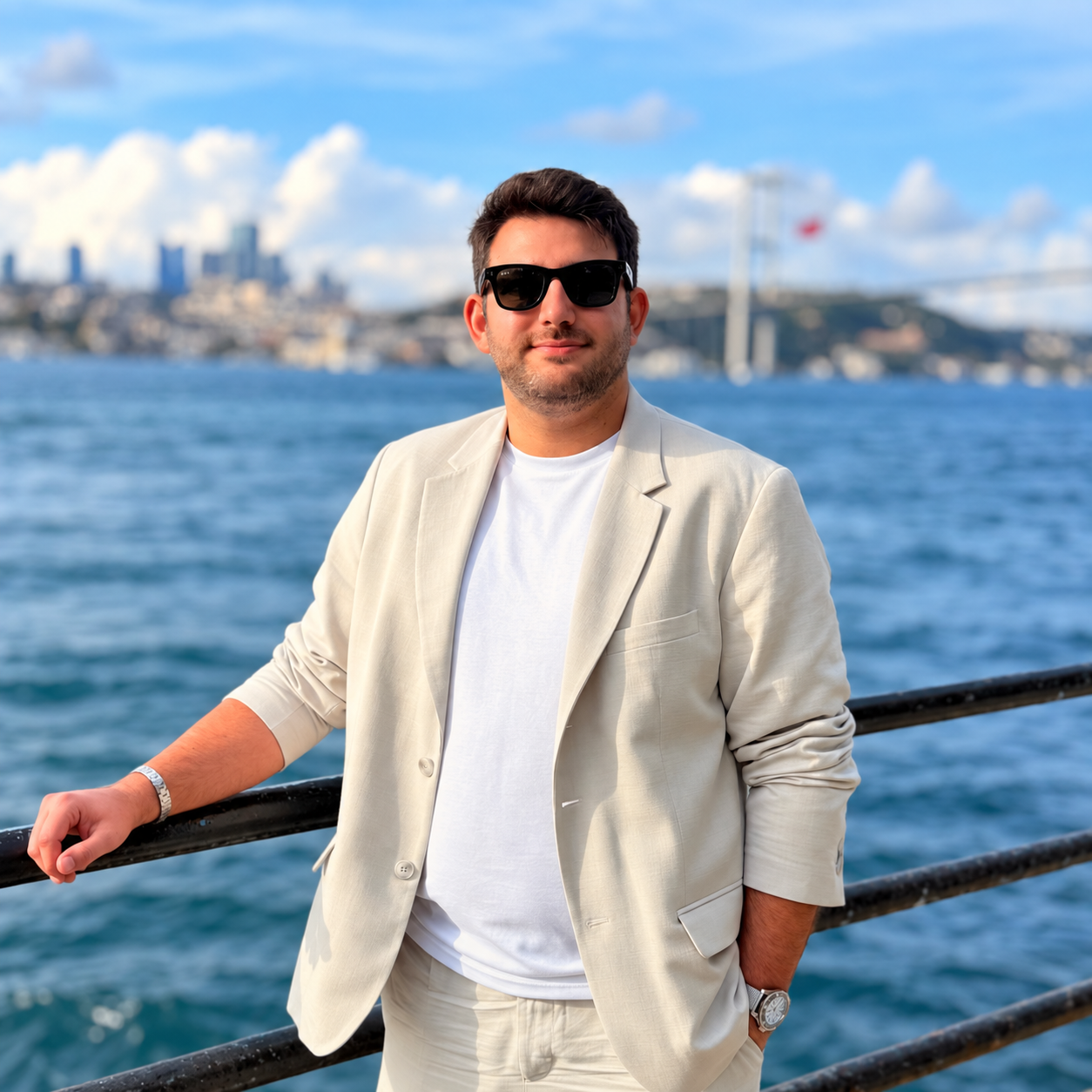 Caner Yildirim standing beside the waterfront with the Istanbul skyline behind him.